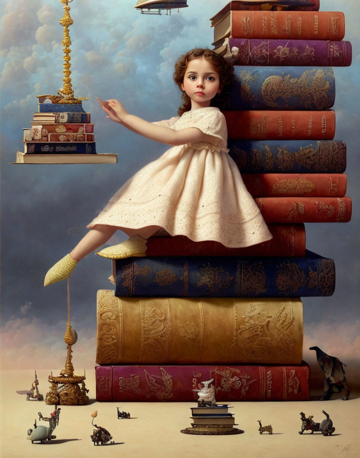 Young girl in white dress surrounded by surreal miniature scenes on stack of ornate books