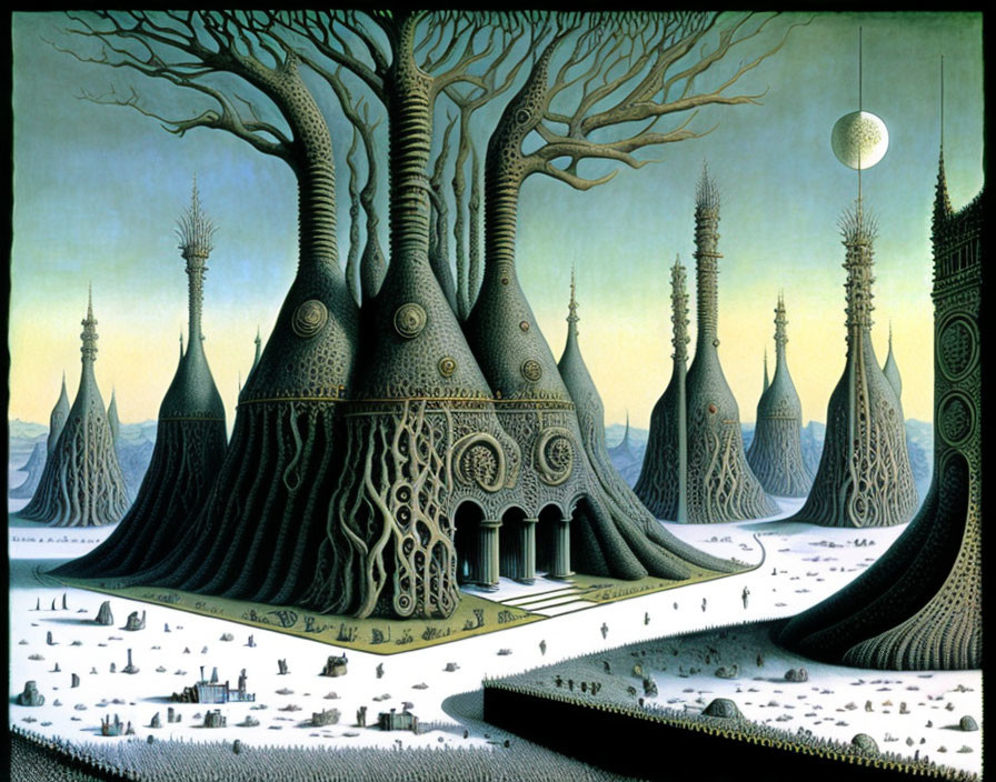 Surreal landscape with towering tree-like structures and celestial body