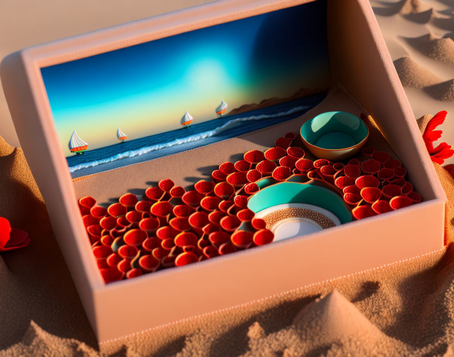 Surreal beach scene in open box with heart-shaped candies and sunglasses