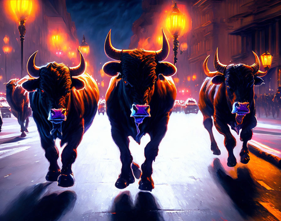 Spectral bulls with neon horns in urban night scene