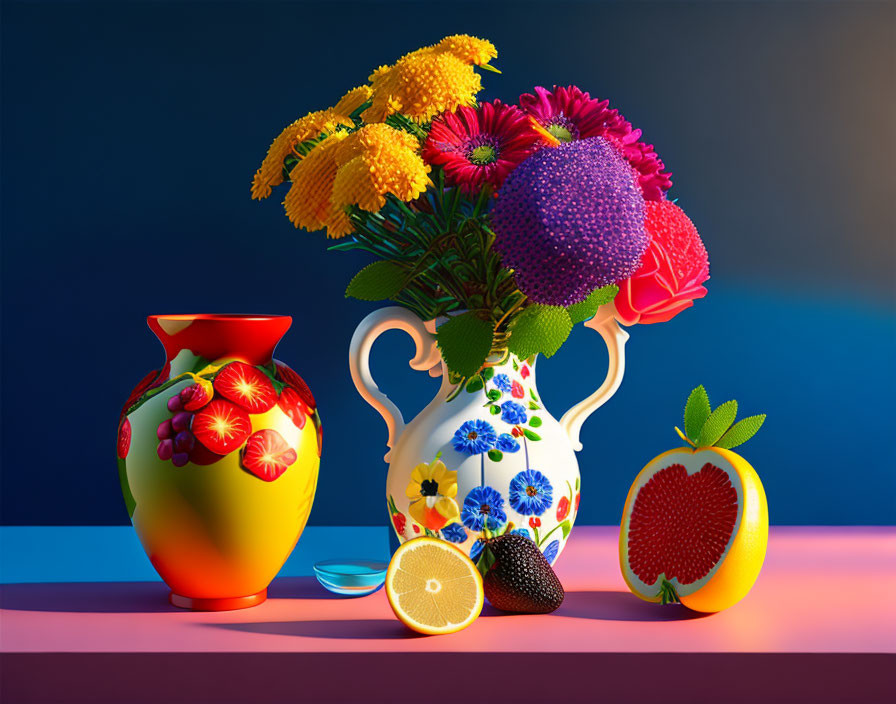 Colorful Still Life Composition with Flowers, Fruit, and Jug on Dual-Toned Background