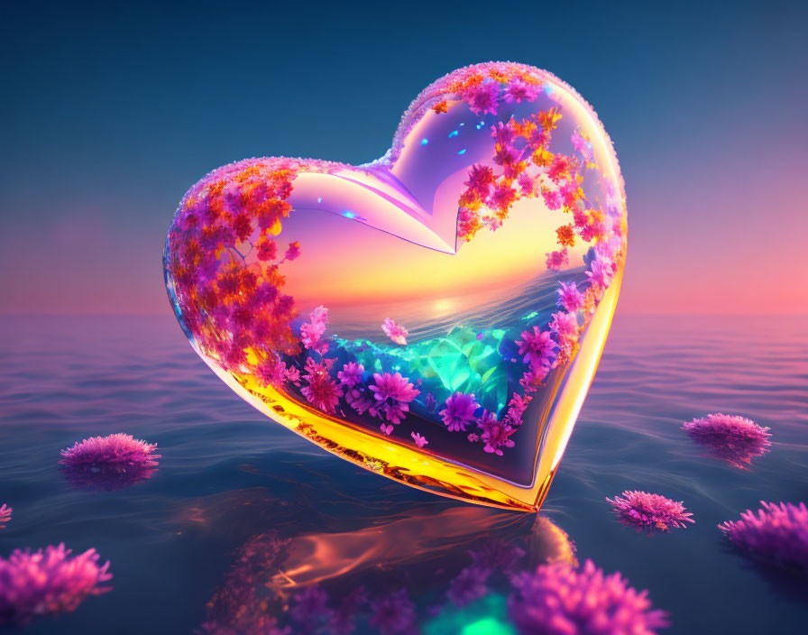 Heart-shaped object with flowers glowing on water at sunset