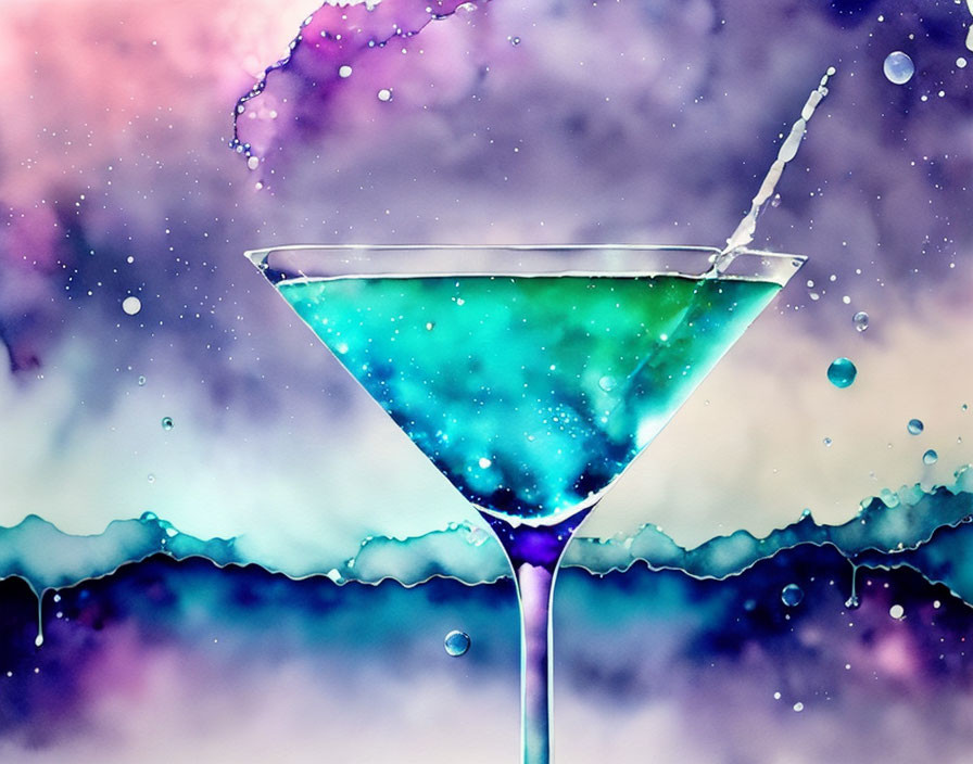 Colorful cocktail splash in martini glass on galaxy backdrop