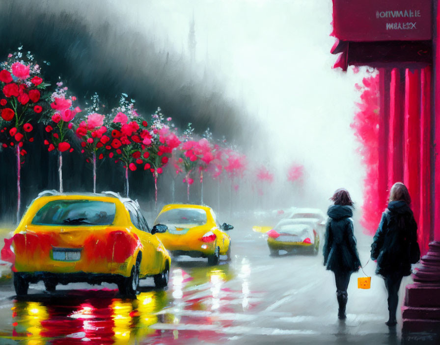 Vibrant painting of rainy city scene with pink trees and yellow taxis