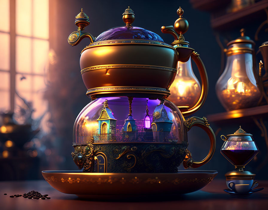 Magical teapot with glowing purple castle on saucer among coffee beans