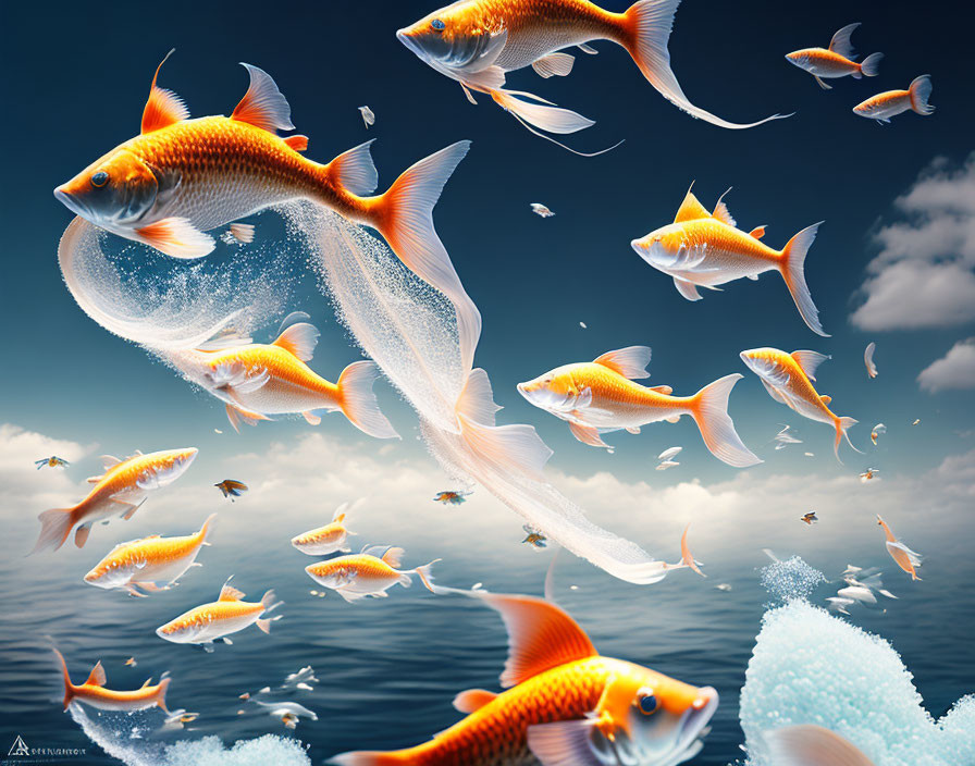 Colorful orange fish swim with flowing fins in bubbly underwater scene