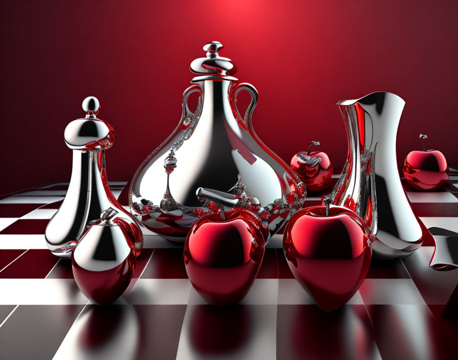 Shiny silver objects and red apples on checkered surface with red background