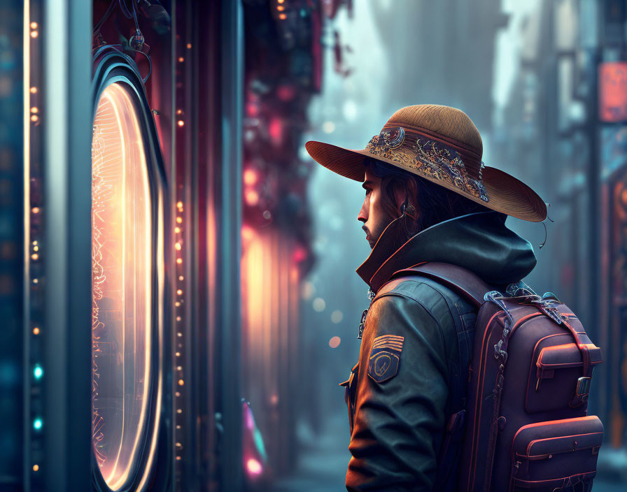 Cowboy hat and futuristic jacket figure in neon-lit urban alleyway