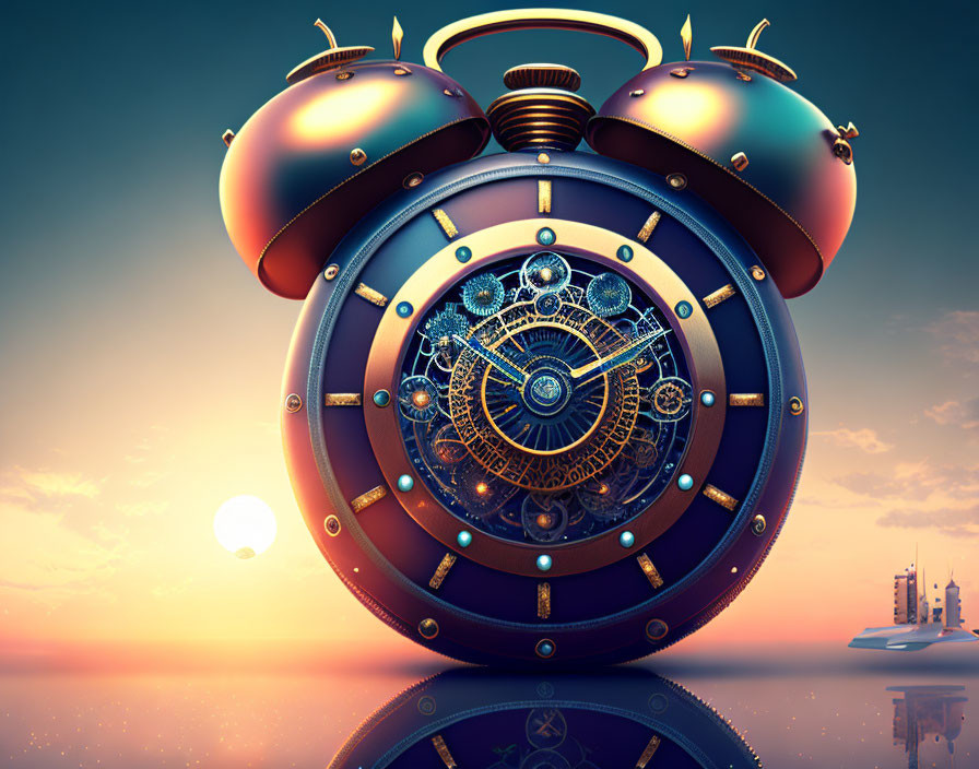 Oversized surreal mechanical clock with intricate gears floating in sunset sky