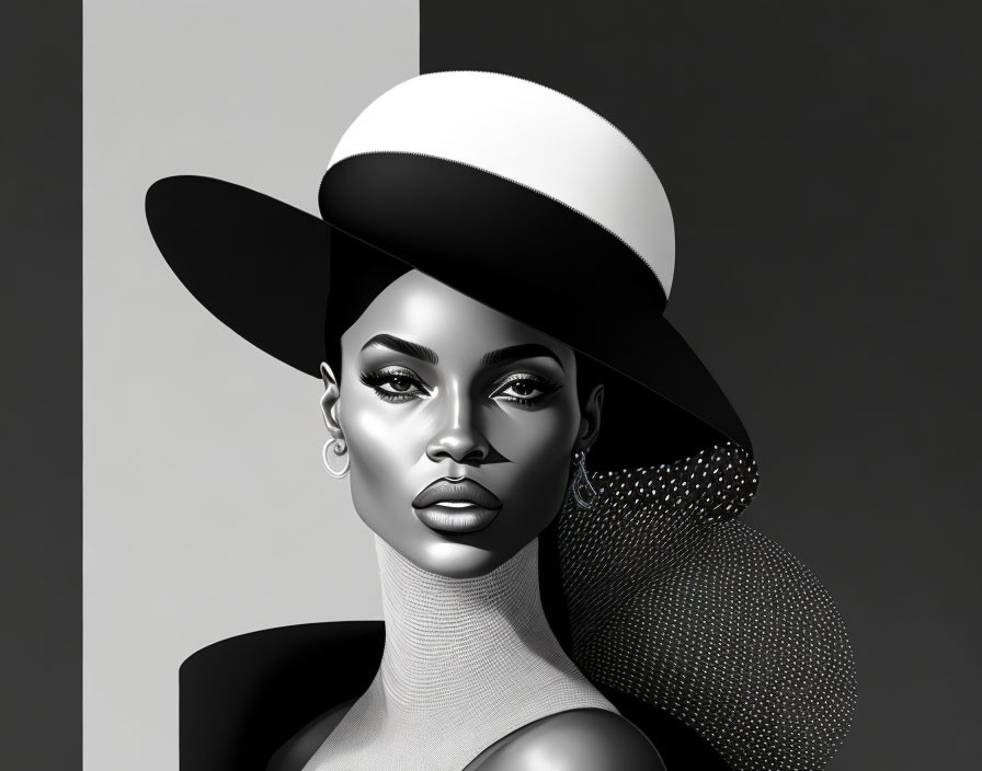 Stylized woman in monochrome with hat and earring