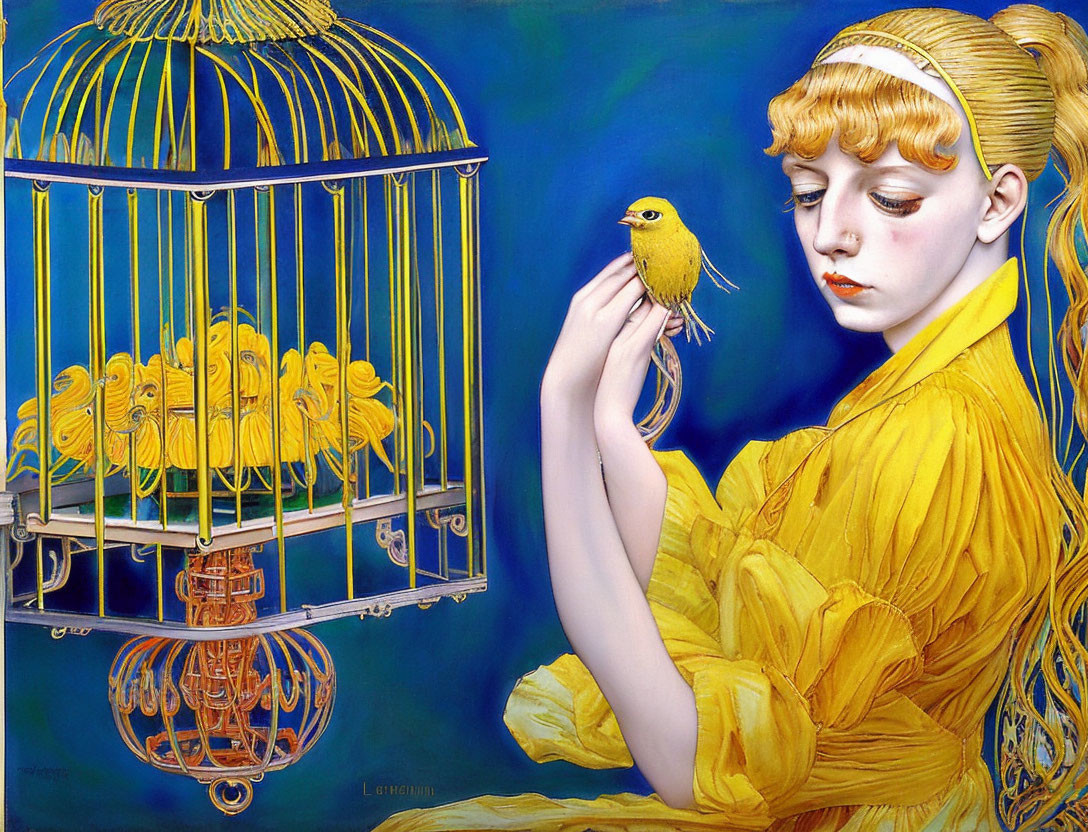 Woman in Yellow Dress Holding Bird Surrounded by Bird Cages on Blue Background