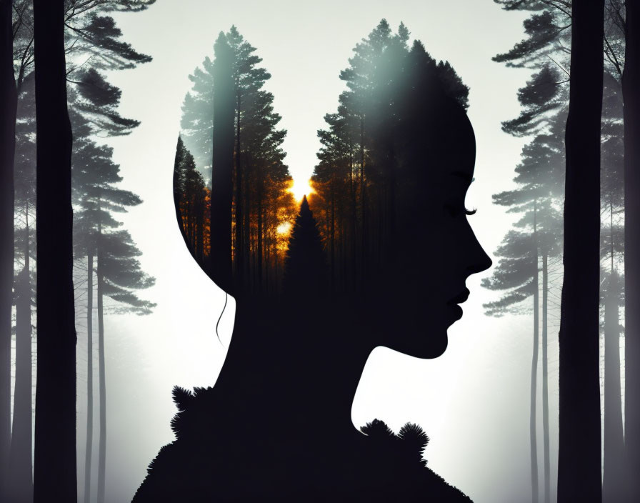 Profile silhouette merges with forest at sunrise/sunset