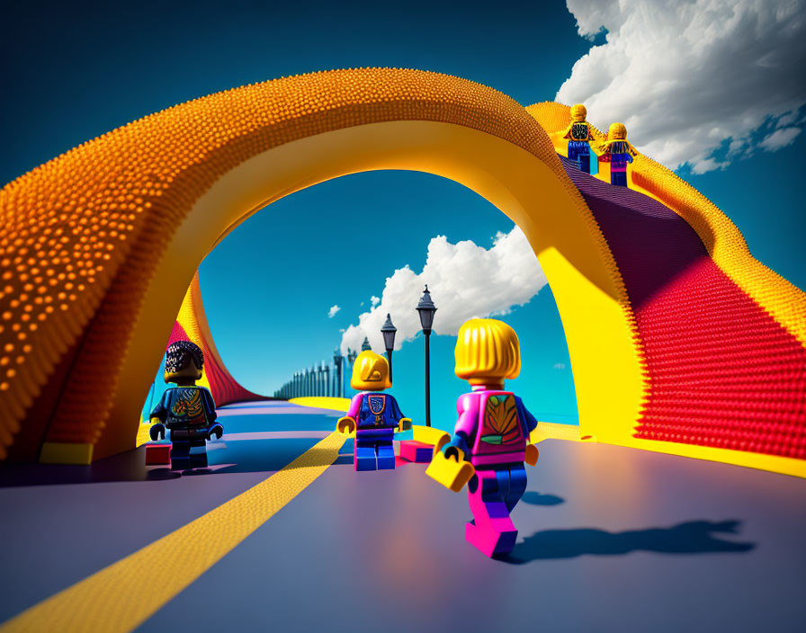 Colorful Lego figures near vibrant arch bridge under blue sky