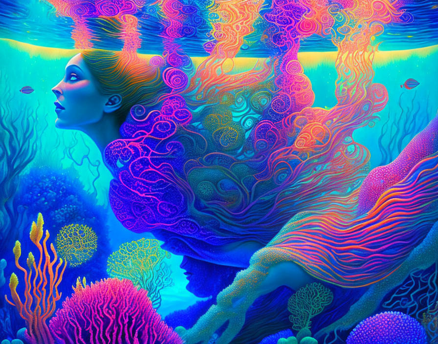 Colorful underwater scene with woman and coral reefs blending with flowing hair