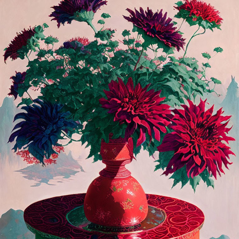 Colorful painting of red and purple dahlias in ornate vase on circular table