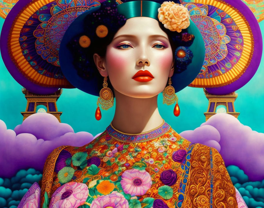 Colorful digital artwork: Woman with elaborate headwear and floral attire against stylized cloud backdrop