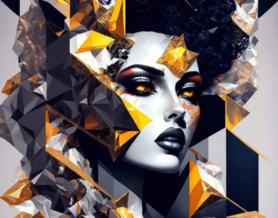 Stylized portrait with dramatic makeup and abstract geometric shapes in black, gold, and white tones