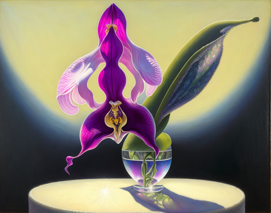 Detailed purple and white orchid painting on sunlit table