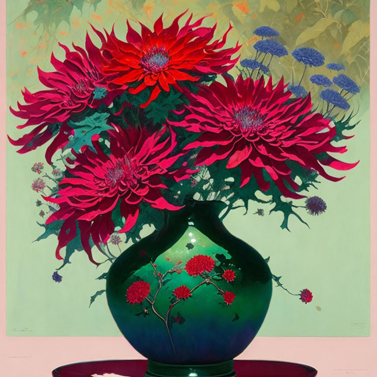 Colorful painting of red and purple flowers in green vase on pastel foliage backdrop