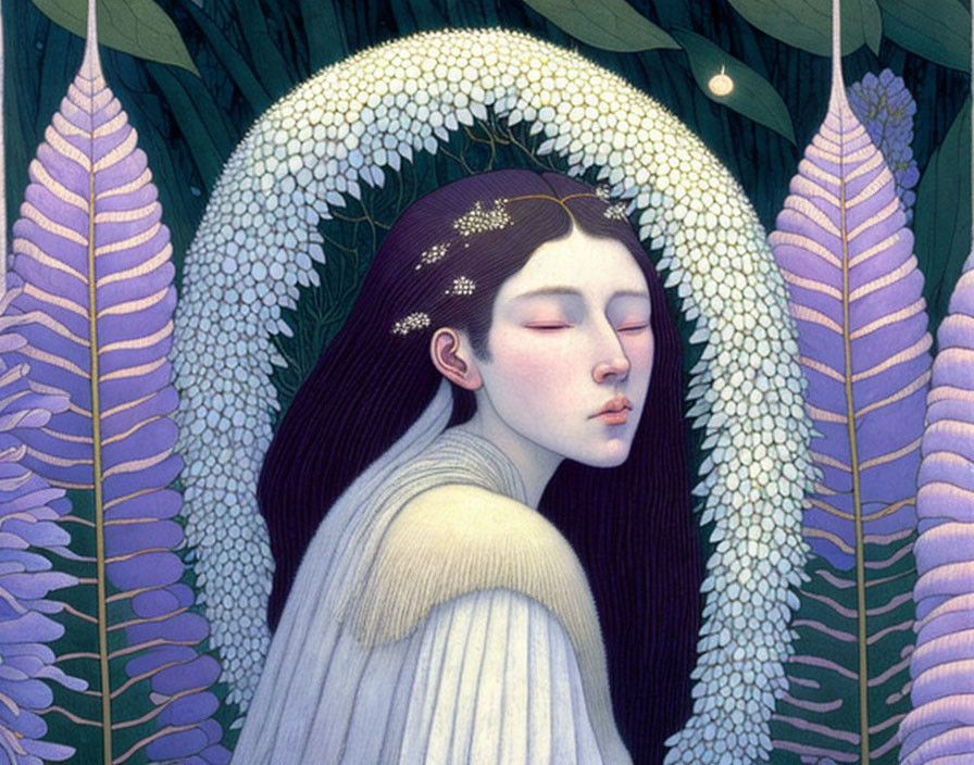 Serene woman with closed eyes, white flowers, purple plants