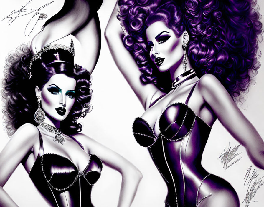 Stylized drawing of glamorous figures with purple hair and black lingerie