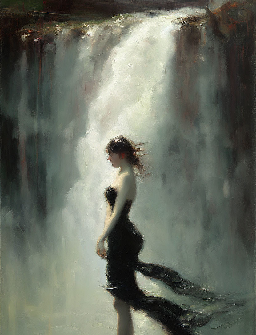 Woman in black dress by waterfall: painterly depiction