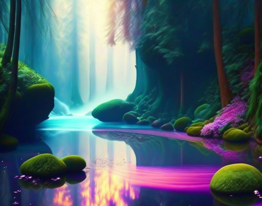 Vibrant mystical forest with tranquil river and lush greenery