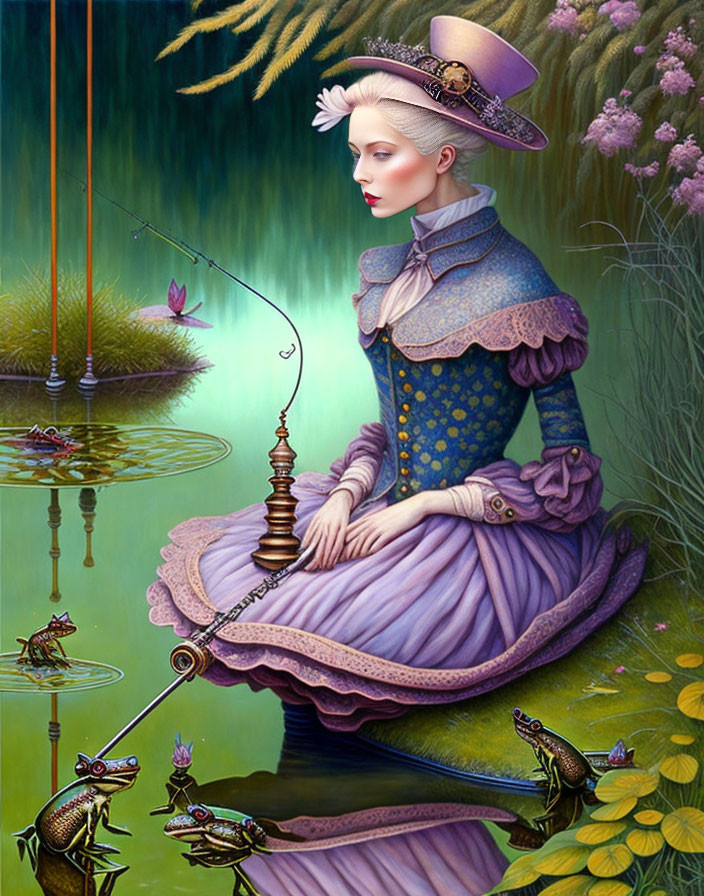 Victorian lady fishing on lily pad surrounded by frogs with crowns