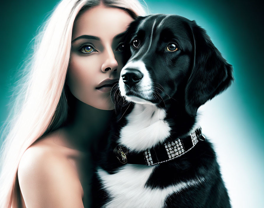 Blonde woman with green eyes posing with black dog