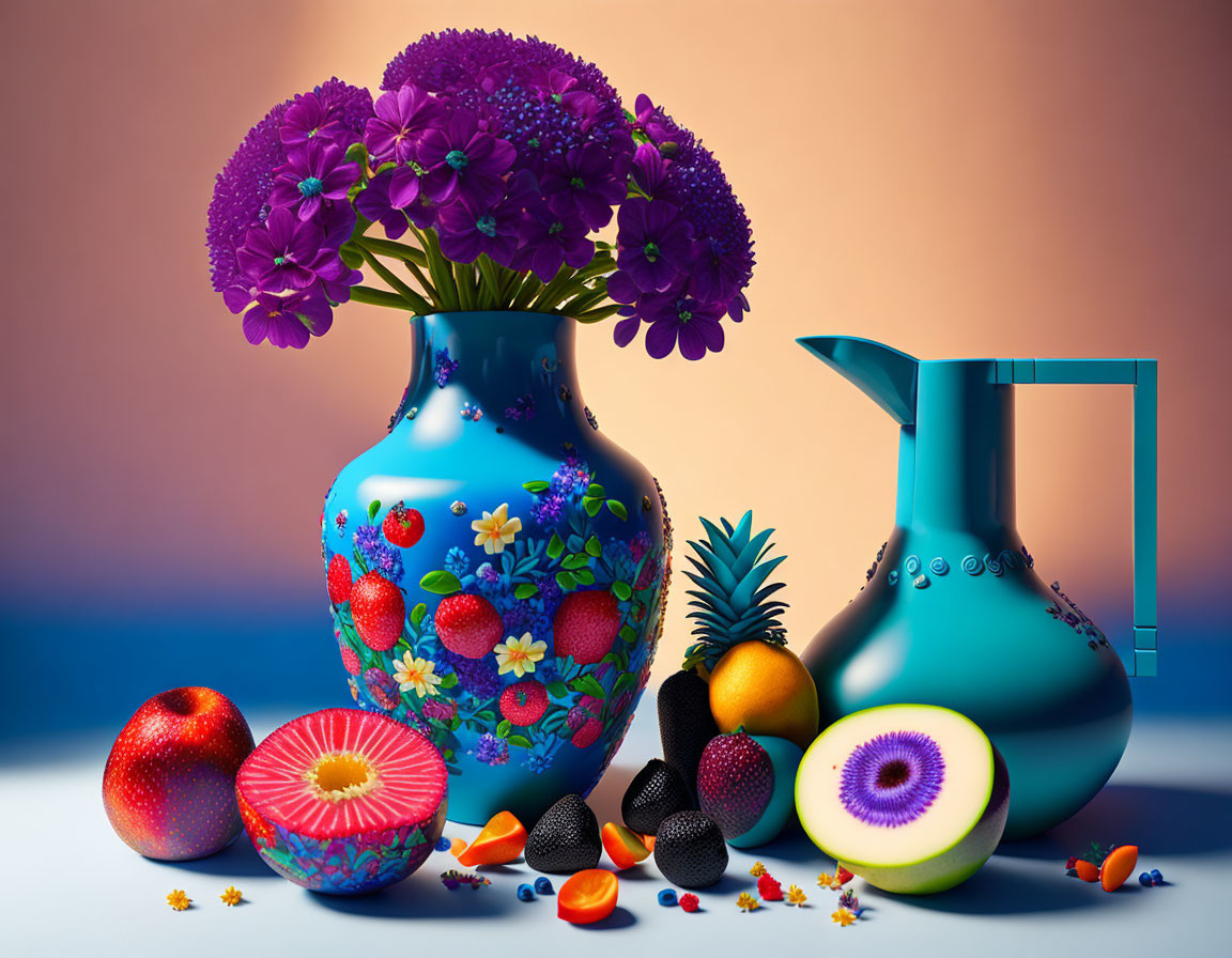 Vibrant still life: purple flowers, exotic fruits, blue jug on gradient backdrop