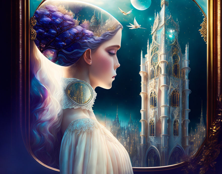 Vibrant galaxy-themed hairstyle on woman gazing at ethereal castle in ornate frame