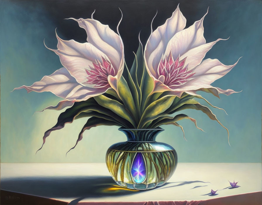 Realistic painting of white and pink magnolia flowers in blue vase