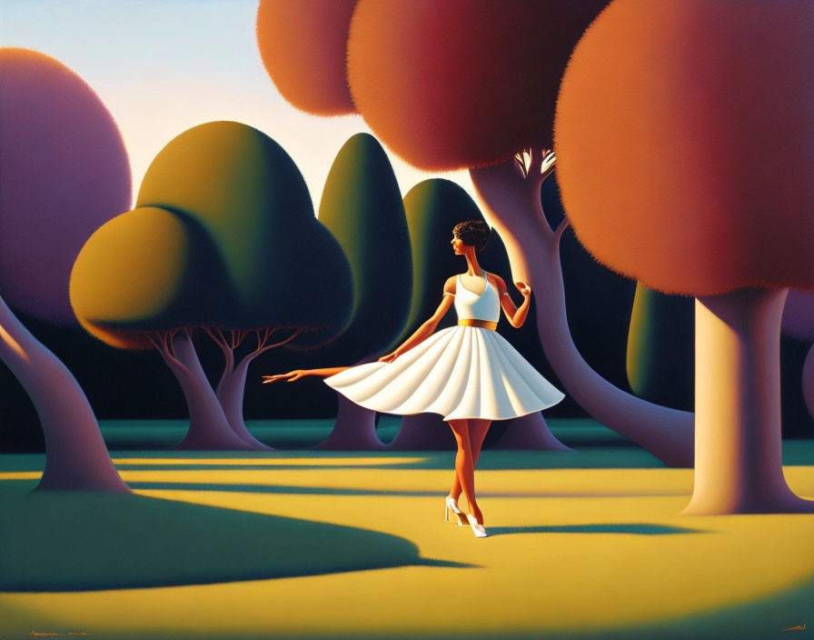 Colorful Cartoon Grove: Stylized Woman in White Dress & Oversized Trees