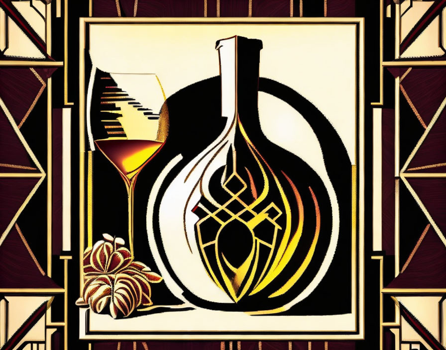 Geometric Art Deco Illustration: Abstract Wine Glass, Bottle, and Piano Keys in Gold and