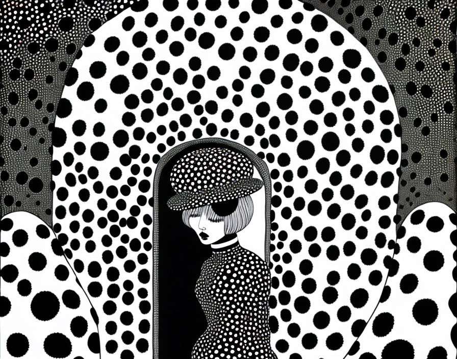 Monochrome surreal illustration with person in polka dot environment