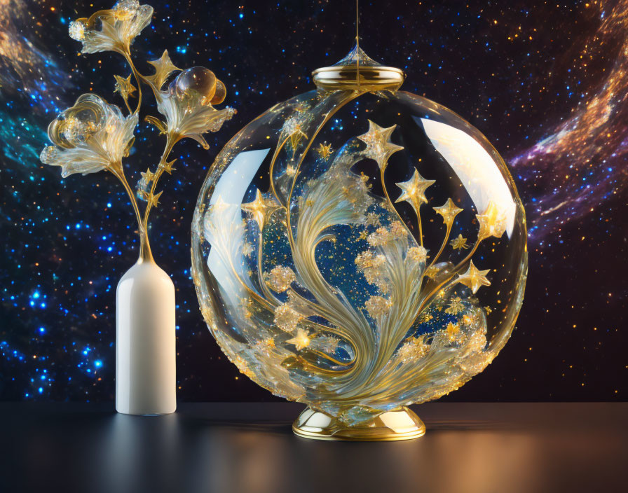 Transparent spherical vase with golden swirls and stars next to white bottle-shaped vase with abstract flowers against cosmic