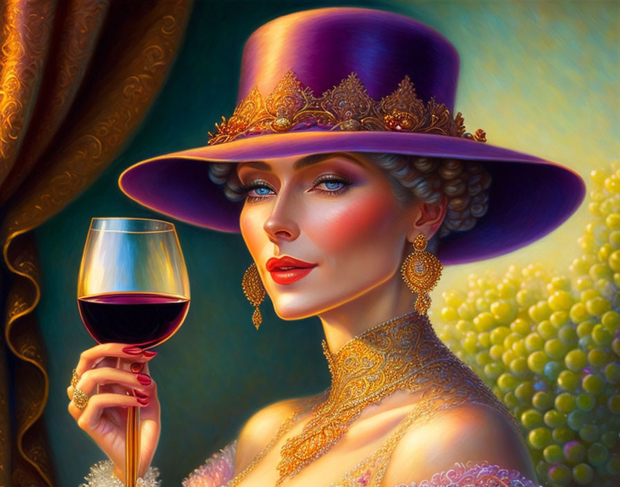 Stylish woman in purple hat with red wine glass and vineyard backdrop