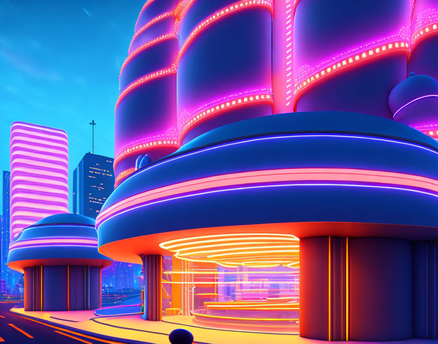 Futuristic neon-lit cityscape with pink and blue hues at twilight