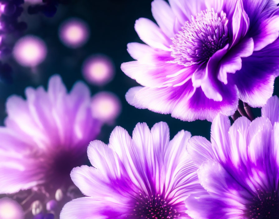 Vibrant Purple Flowers on Dark Background with Bokeh Light Effects