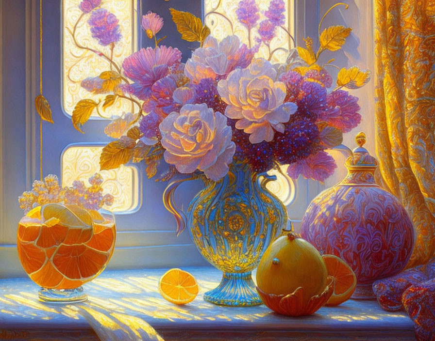 Colorful Still Life Painting with Vase, Fruit Bowl, and Pomegranate on Windowsill