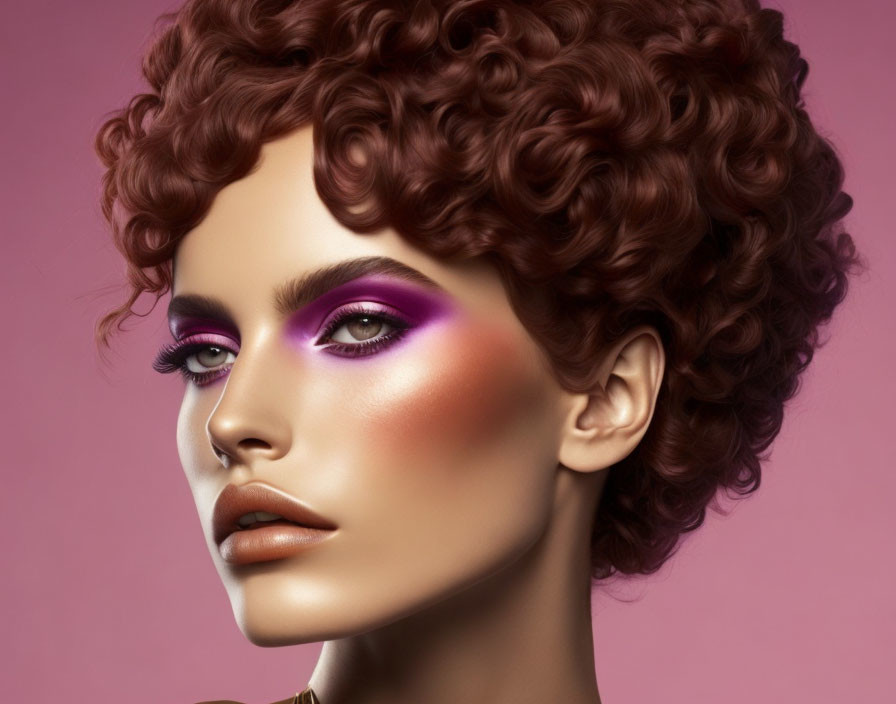 Woman with Voluminous Curly Hair and Purple Eye Makeup on Pink Background