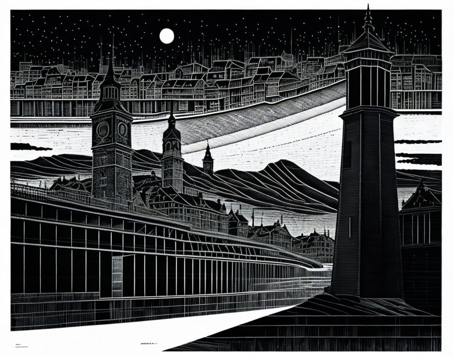 Monochrome cityscape illustration with towers, hills, stars, and full moon