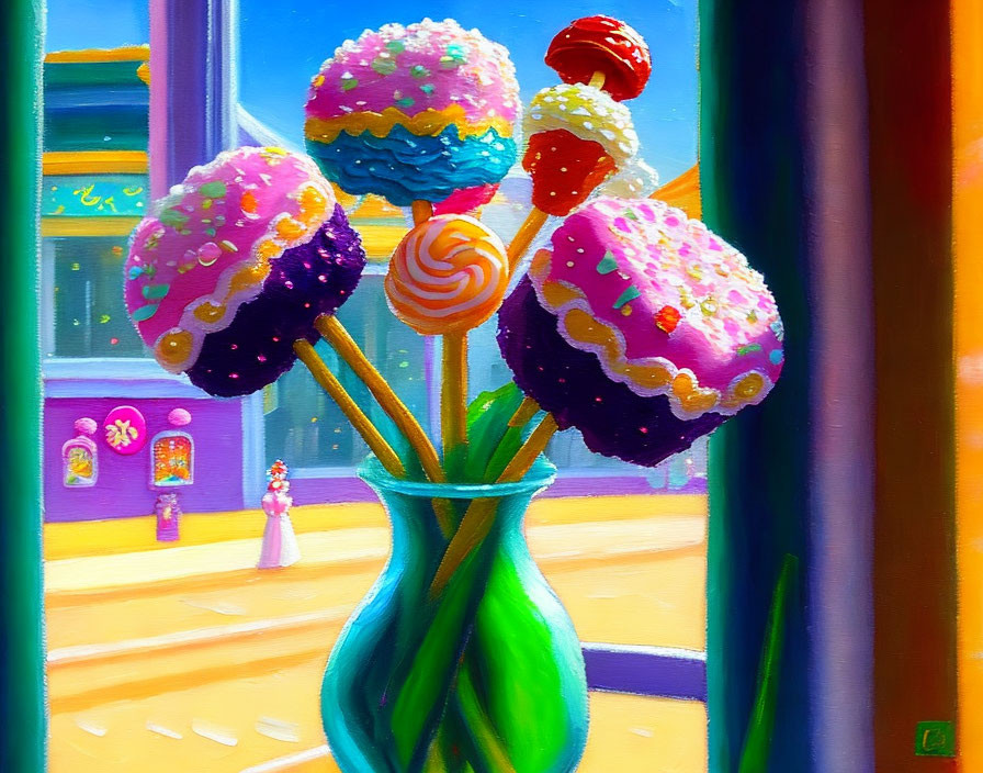 Vibrant painting of candy flowers in vase with street scene