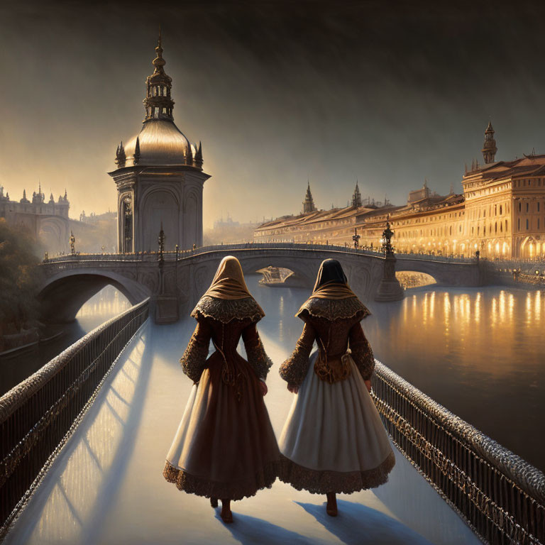 Historical attire figures on bridge at sunrise overlooking river