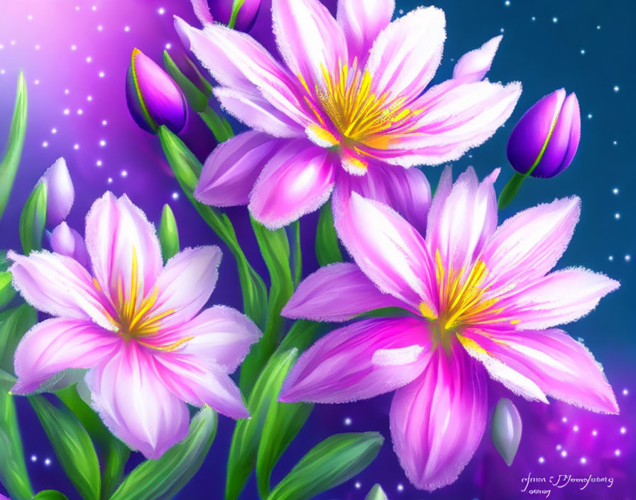 Vibrant pink-purple flowers against starry night sky in digital art