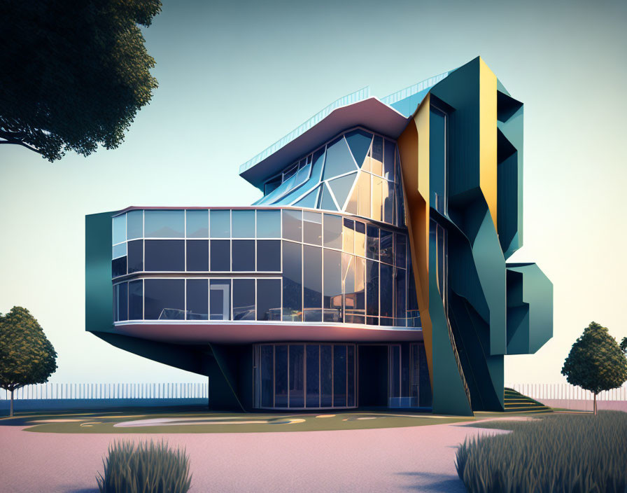 Angular futuristic house with large glass windows in tranquil setting