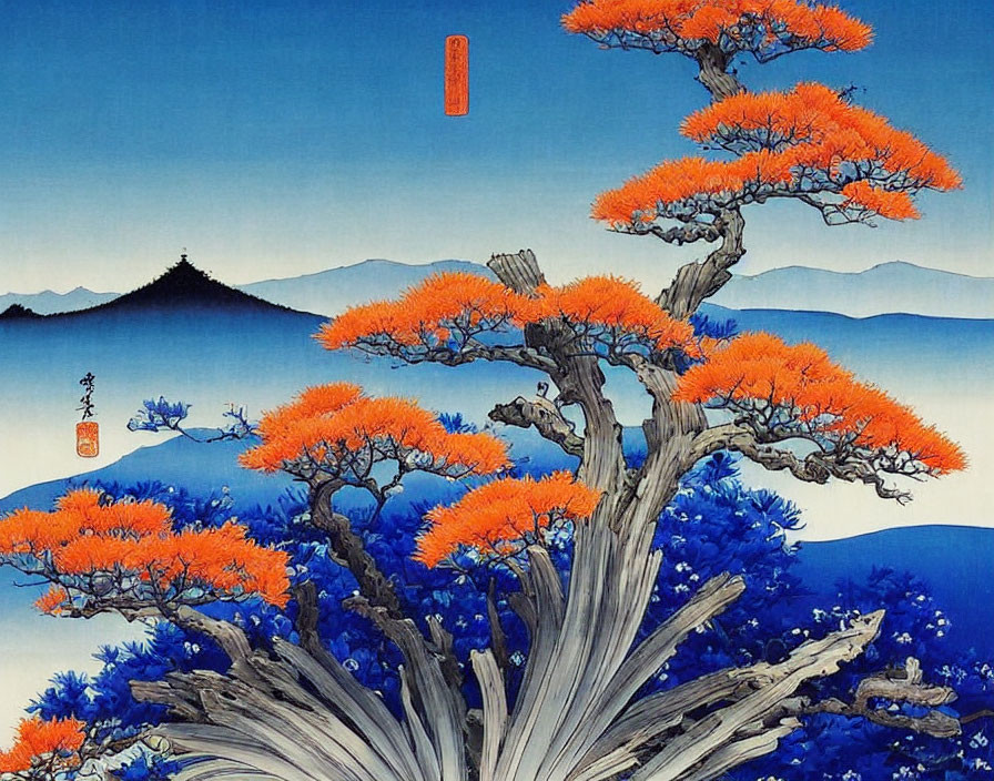 Traditional Asian painting: Vibrant orange tree, mountain backdrop, stylized elements, seal stamp