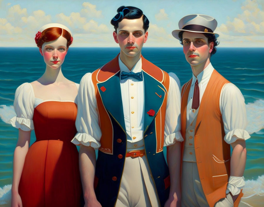 Vintage Attire Trio by Ocean: Two Men in Vests, Woman in Red Dress