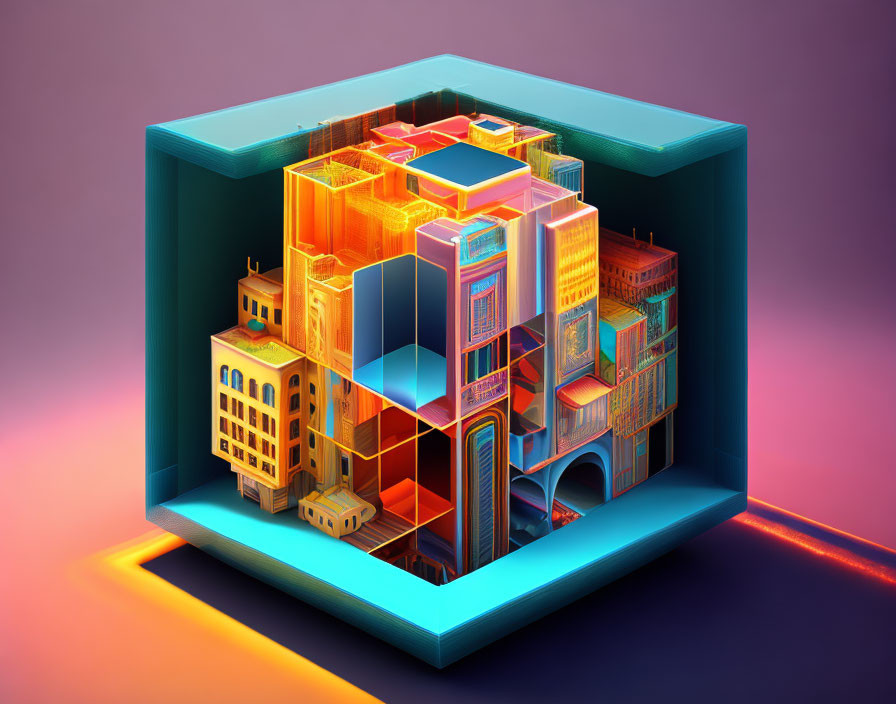 Colorful Isometric Digital Art: Cubic Structure with Neon-lit Buildings