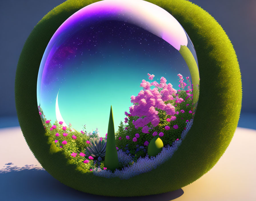 Spherical terrarium with lush green landscape and pink flowering trees under starry sky gradient